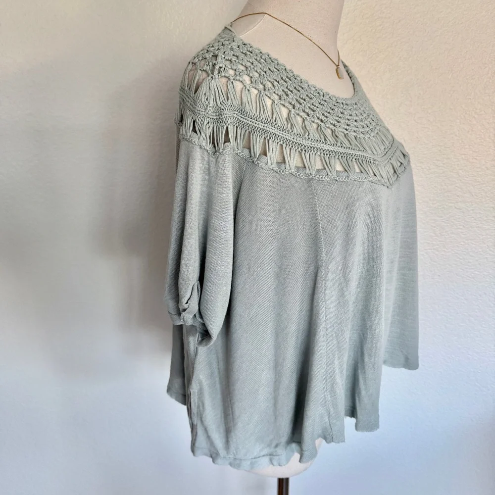 🩵 Free People Crochet Pale Baby Blue Colette Macrame Neckline Tee